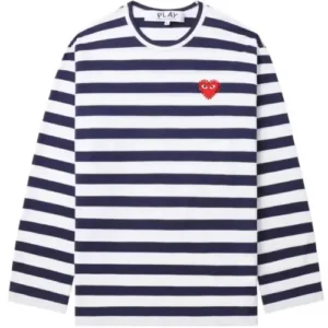 CDG PLAY Rhinestone Heart Striped L/S Tee (White/Navy)